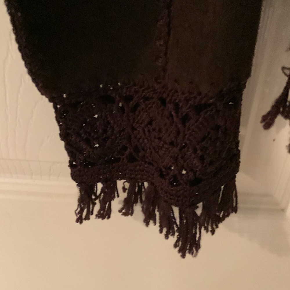 Brown Suede Leather Jacket With Crochet Bottom And Fringe Stitched Squares Med - Picture 8 of 12